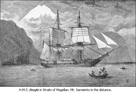 H.M.S. Beagle in Straits of Magellan.