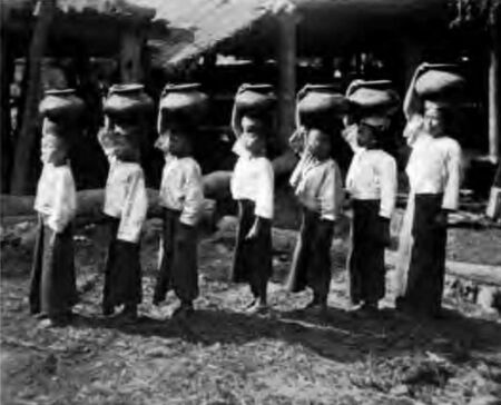 Karen Girls of the Plains Carrying Water in Earthen Pots