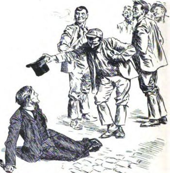 With a gesture of exaggerated politeness.