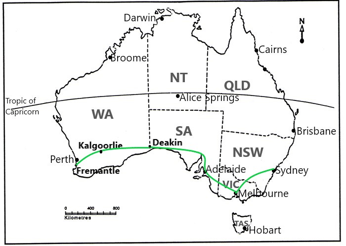 Route of walk from Fremantle to Sydney
